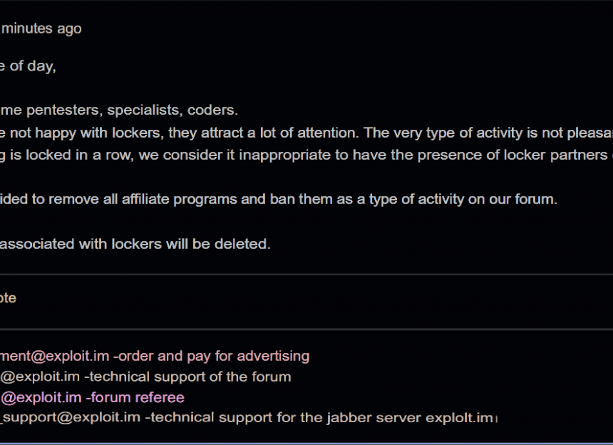 Ransomware Ads Now Also Banned On Exploit Cybercrime Forum