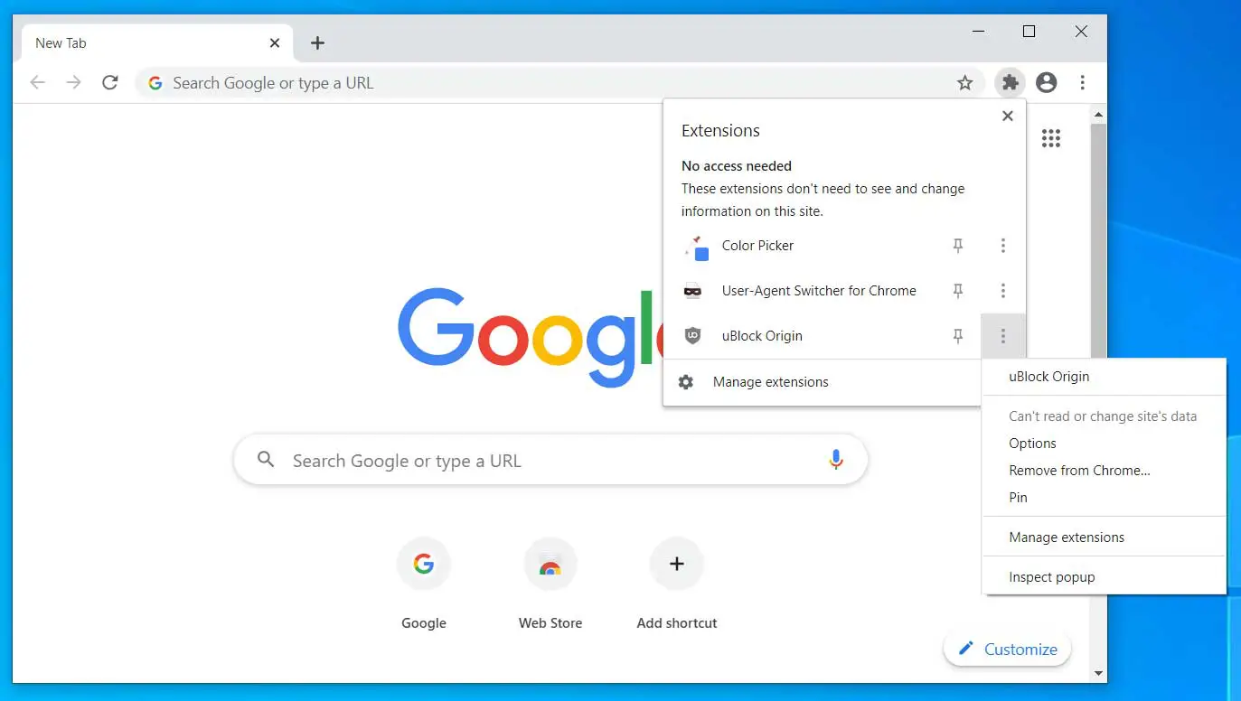 google chrome extensions menu