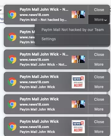 Push notifications allegedly sent by John Wick hacker group from News18 site