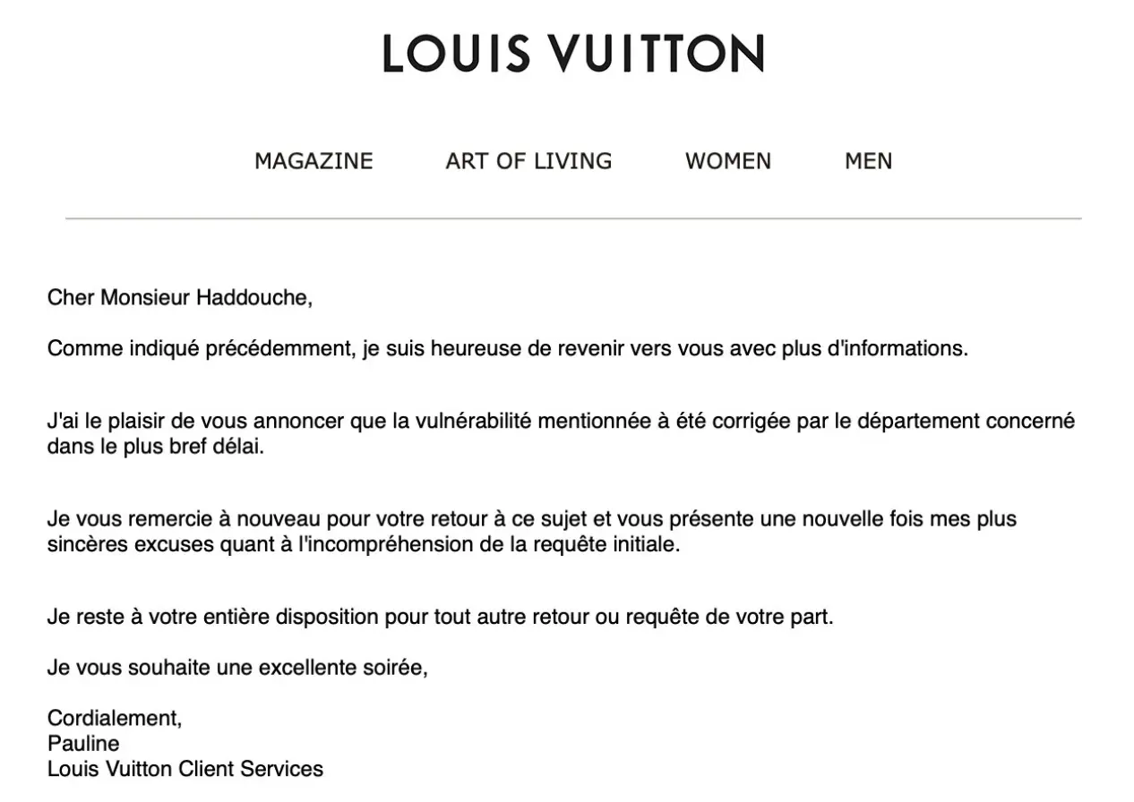 Louis Vuitton fixes data leak and account takeover vulnerability