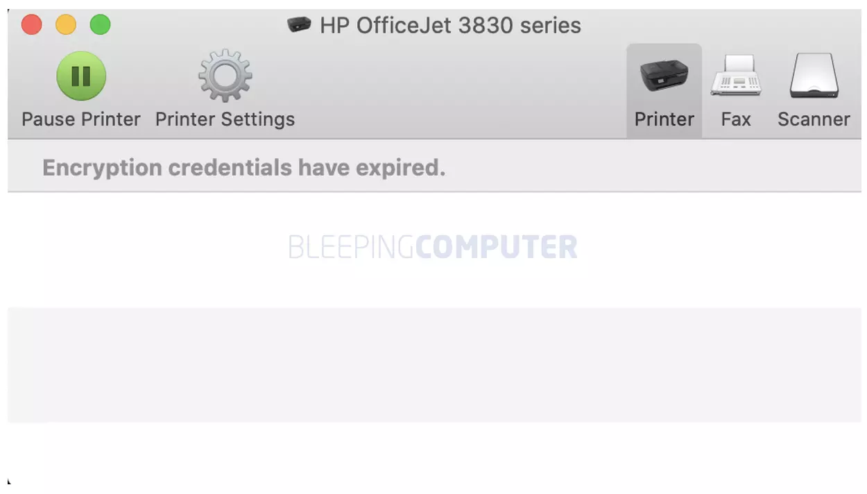 MacOS X print queue with encryption credentials expired message.