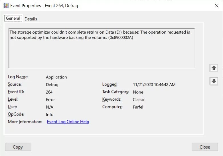 Defrag is still trying to TRIM a non-SSD drive