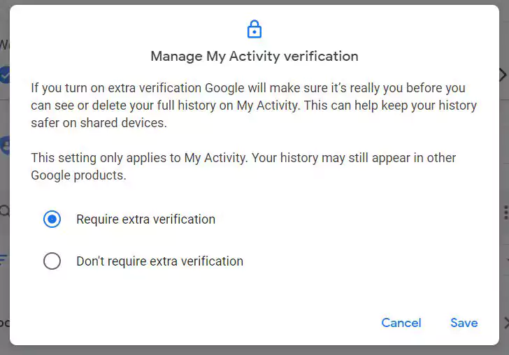 Manage My Activity verification dialog