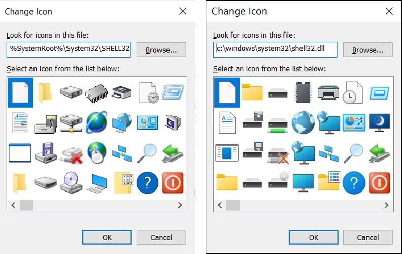 Windows 10 20H2 icons (Left) & Windows 10 Sun Valley icons (Right)